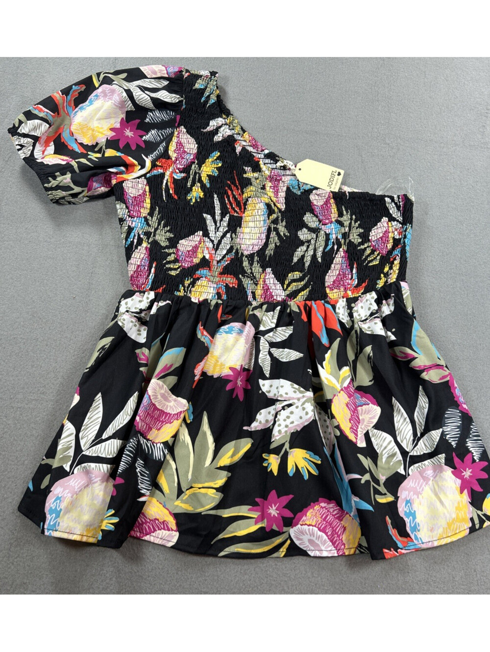 Jodifl Size M NWT Black One Shoulder Smocked Short Puff Sleeve Peasant Boho Top